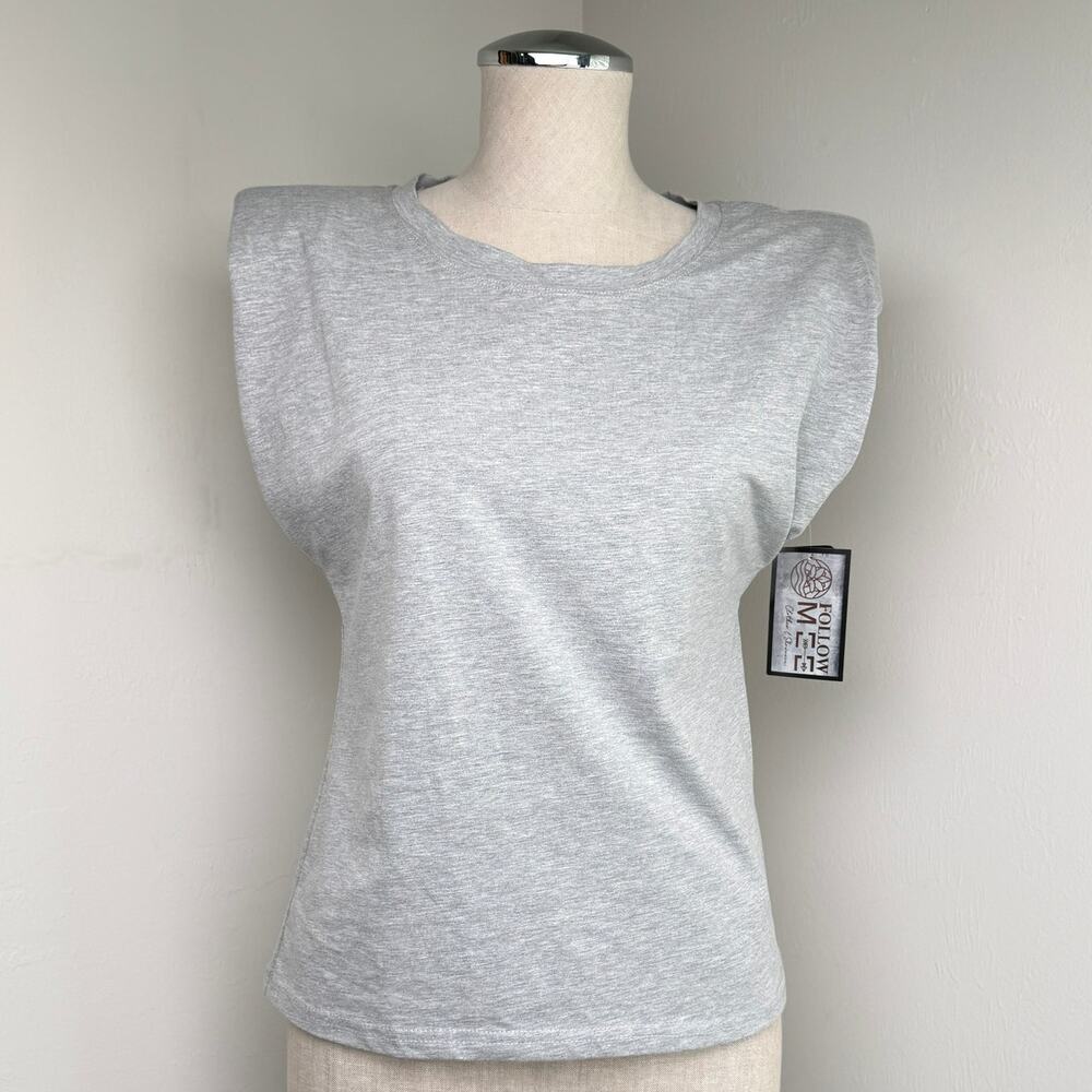 Padded Shoulder Cotton Stretch Knit Top Gray Fitted Size S NWT Minimalist